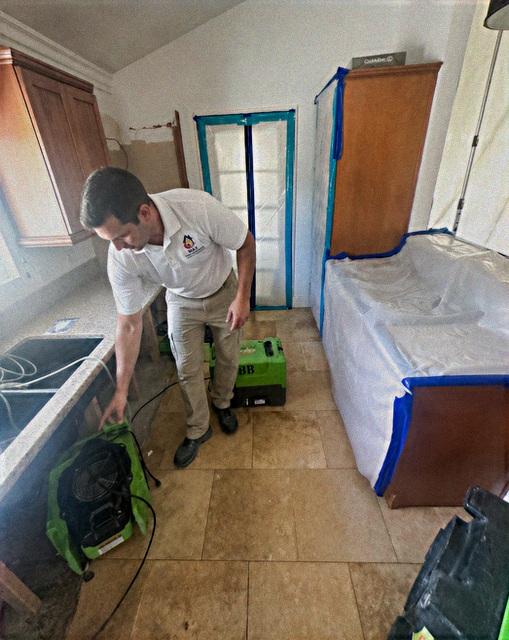Max technician running drying equipment in a flooded Sarasota home